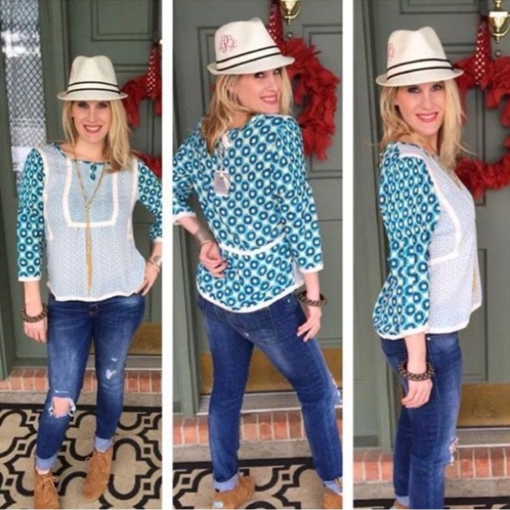 Matilda Jane Kaleidoscope Pleated Lace Trim 3/4 Sleeve Blouse Size Small